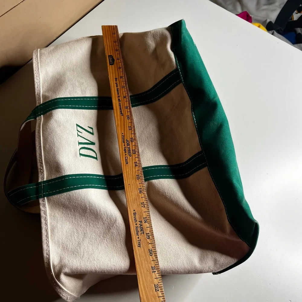 LL Bean Boat and Tote Zip Top Canvas Bag‎ Green Cream DVZ Monogram Large